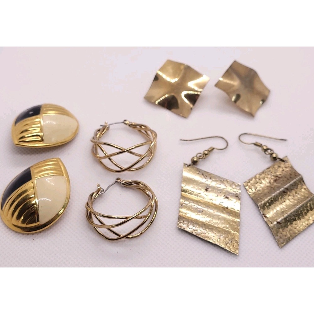 Vintage 1980s Gold Tone Mixed Earrings Lot Clip Hoop Dangle Stud 4 Pair
